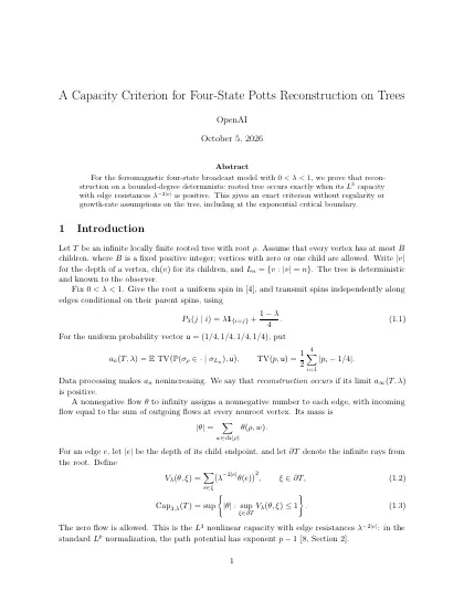 First page of A Capacity Criterion for Four-State Potts Reconstruction on Trees