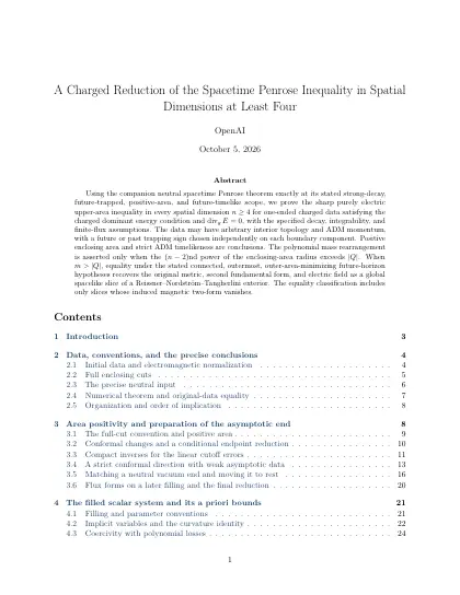 First page of A Charged Reduction of the Spacetime Penrose Inequality in Spatial Dimensions at Least Four