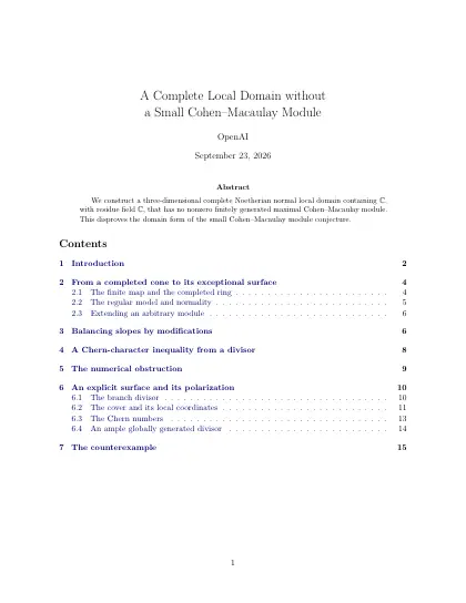 First page of A Complete Local Domain without a Small Cohen–Macaulay Module