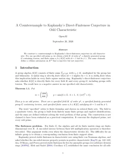 First page of A Counterexample to Kaplansky's Direct-Finiteness Conjecture in Odd Characteristic