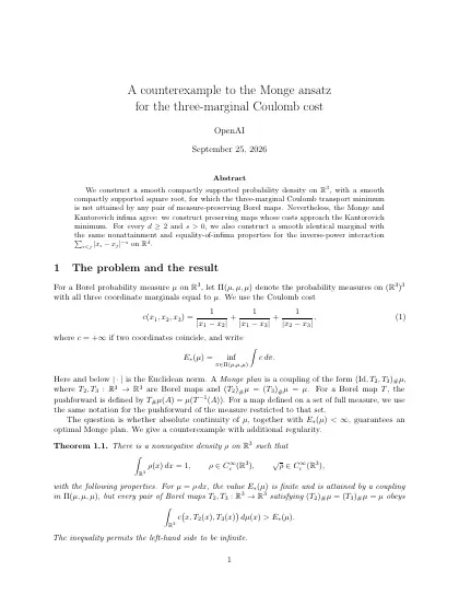 First page of A counterexample to the Monge ansatz for the three-marginal Coulomb cost