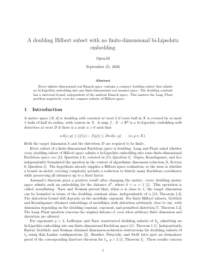 First page of A doubling Hilbert subset with no finite-dimensional bi-Lipschitz embedding