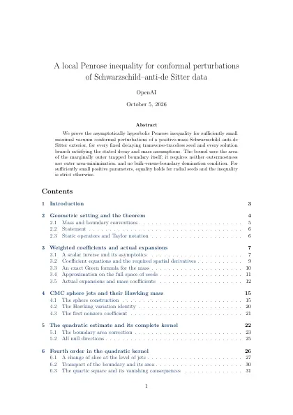 First page of A local Penrose inequality for conformal perturbations of Schwarzschild–anti-de Sitter data