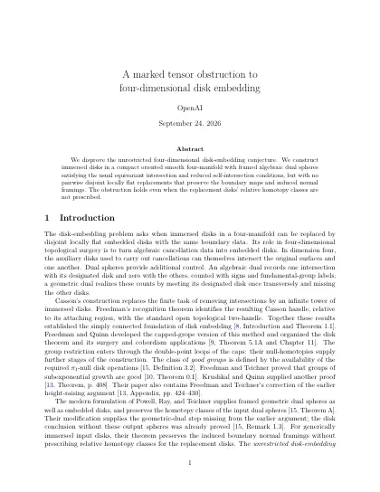 First page of A marked tensor obstruction to four-dimensional disk embedding