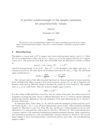 First page of A product counterexample to the simplex maximum for projection-body volume