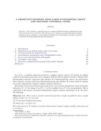 First page of A projective fourfold with large fundamental group and non-Stein universal cover