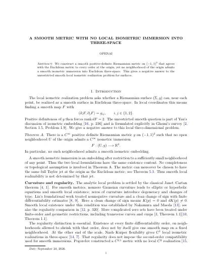 First page of A Smooth Metric with No Local Isometric Immersion into Three-Space