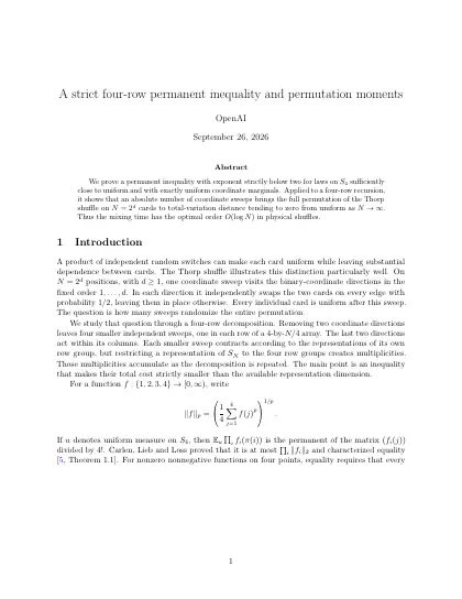 First page of A strict four-row permanent inequality and permutation moments