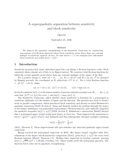 First page of A superquadratic separation between sensitivity and block sensitivity