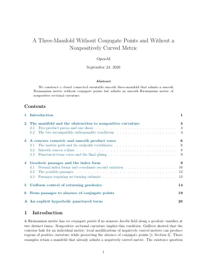 First page of A Three-Manifold Without Conjugate Points and Without a Nonpositively Curved Metric