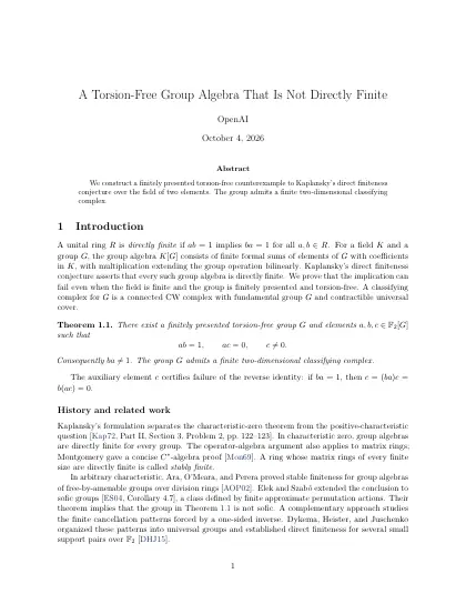 First page of A Torsion-Free Group Algebra That Is Not Directly Finite