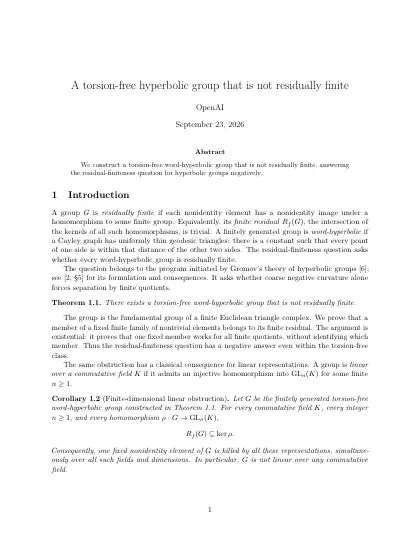 First page of A torsion-free hyperbolic group that is not residually finite