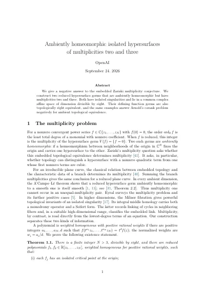 First page of Ambiently homeomorphic isolated hypersurfaces of multiplicities two and three