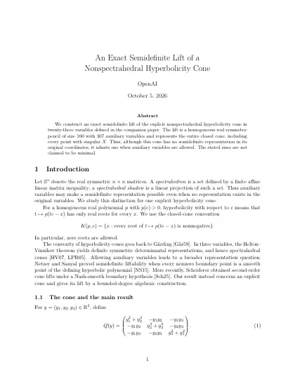 First page of An Exact Semidefinite Lift of a Nonspectrahedral Hyperbolicity Cone