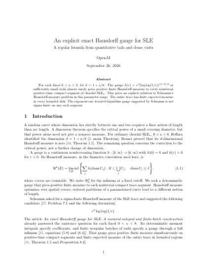 First page of An explicit exact Hausdorff gauge for SLE