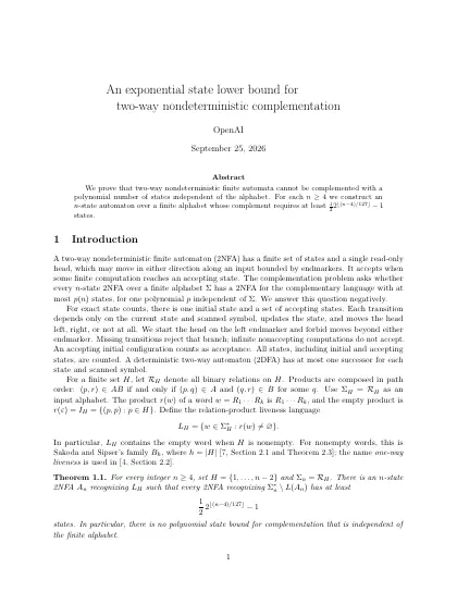 First page of An exponential state lower bound for two-way nondeterministic complementation