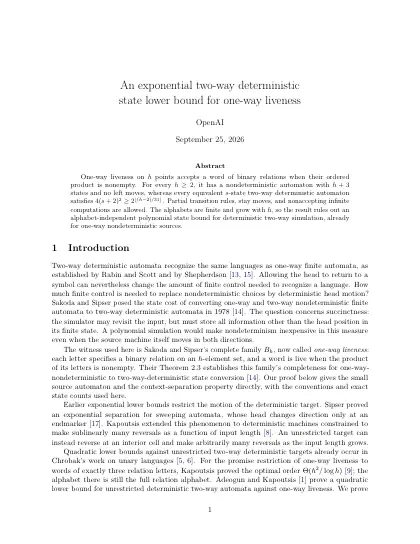 First page of An exponential two-way deterministic state lower bound for one-way liveness