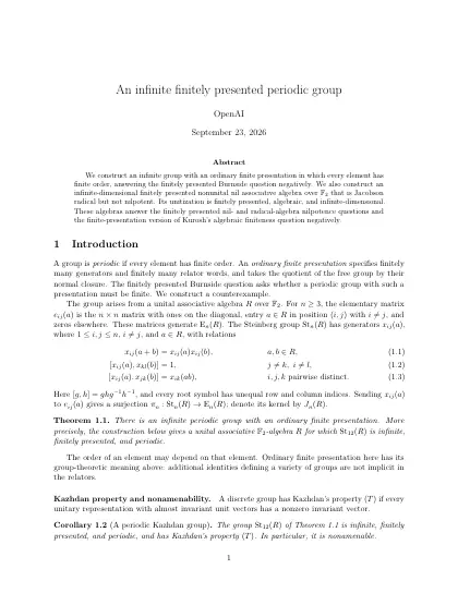 First page of An infinite finitely presented periodic group