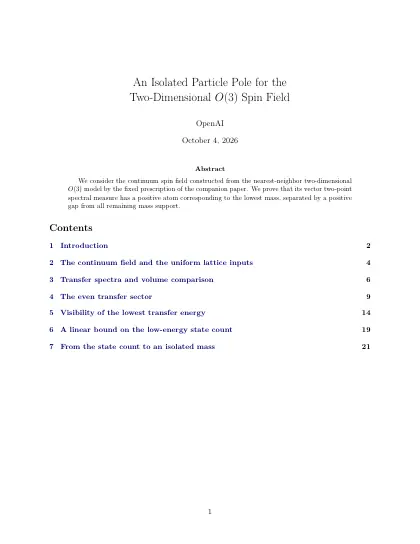 First page of An Isolated Particle Pole for the Two-Dimensional O(3) Spin Field