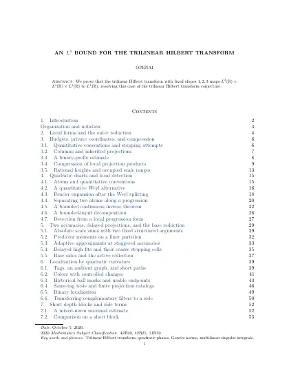 First page of An <i>L</i><sup>3</sup> bound for the trilinear Hilbert transform