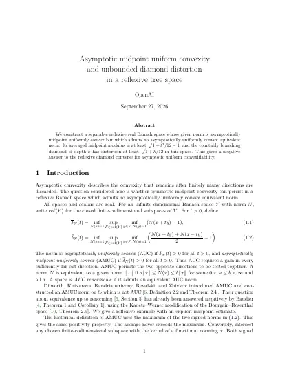 First page of Asymptotic midpoint uniform convexity and unbounded diamond distortion in a reflexive tree space
