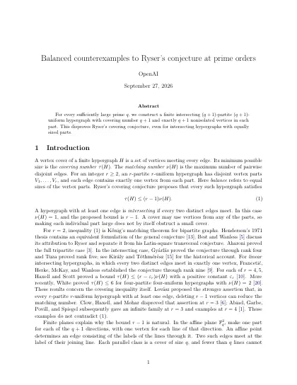 First page of Balanced counterexamples to Ryser's conjecture at prime orders
