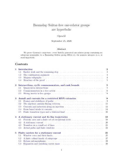 First page of Baumslag-Solitar-free one-relator groups are hyperbolic
