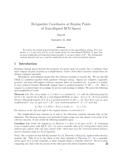 First page of Bi-Lipschitz Coordinates at Regular Points of Noncollapsed RCD Spaces