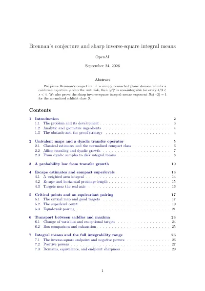 First page of Brennan's conjecture and sharp inverse-square integral means