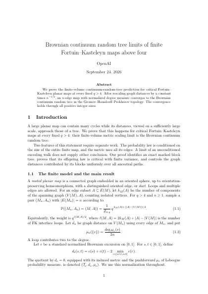 First page of Brownian continuum random tree limits of finite Fortuin–Kasteleyn maps above four