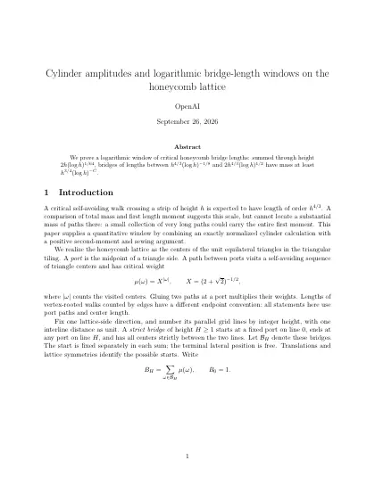 First page of Cylinder amplitudes and logarithmic bridge-length windows on the honeycomb lattice