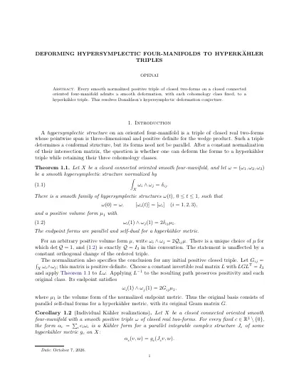 First page of Deforming hypersymplectic four-manifolds to hyperkähler triples