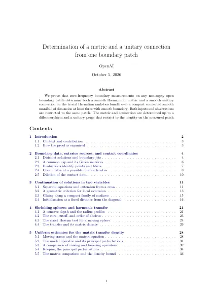 First page of Determination of a metric and a unitary connection from one boundary patch