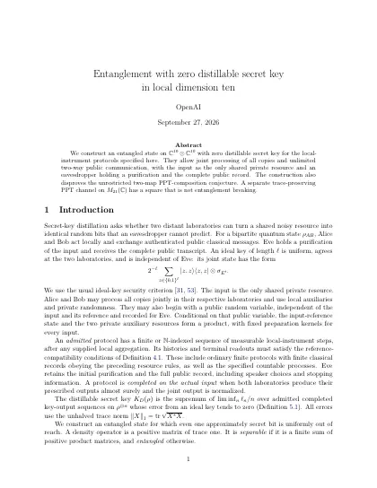 First page of Entanglement with zero distillable secret key in local dimension ten