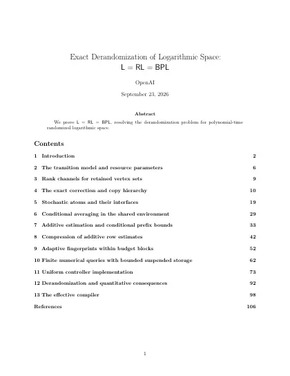 First page of Exact derandomization of logarithmic space: L = RL = BPL