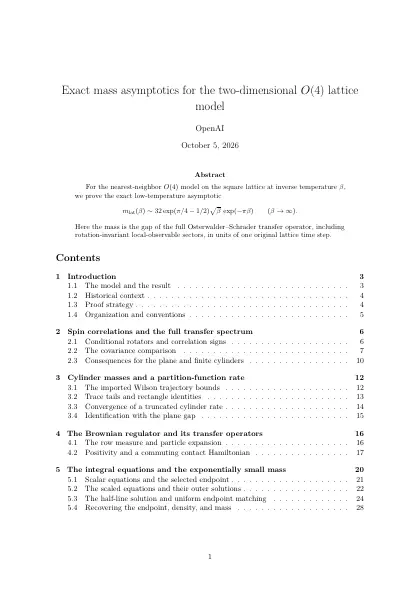First page of Exact mass asymptotics for the two-dimensional O(4) lattice model