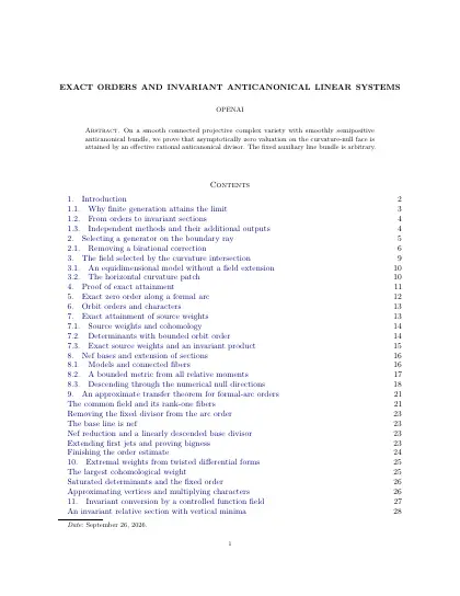 First page of Exact orders and invariant anticanonical linear systems