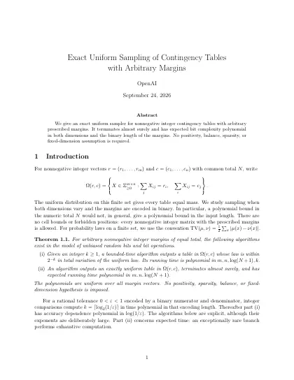 First page of Exact Uniform Sampling of Contingency Tables with Arbitrary Margins