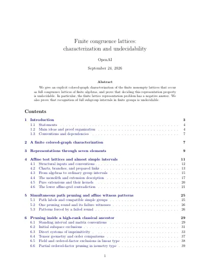 First page of Finite congruence lattices: characterization and undecidability