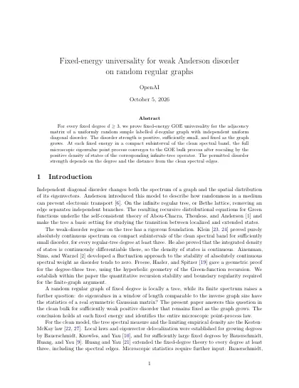 First page of Fixed-energy universality for weak Anderson disorder on random regular graphs
