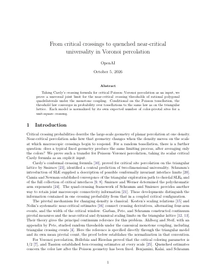 First page of From critical crossings to quenched near-critical universality in Voronoi percolation