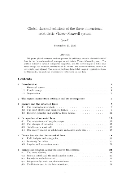 First page of Global classical solutions of the three-dimensional relativistic Vlasov–Maxwell system