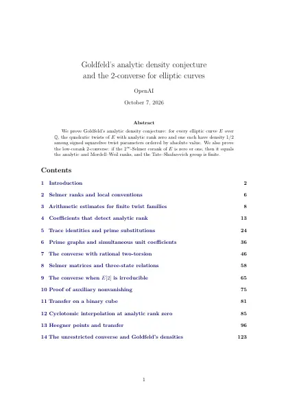 First page of Goldfeld's analytic density conjecture and the 2-converse for elliptic curves