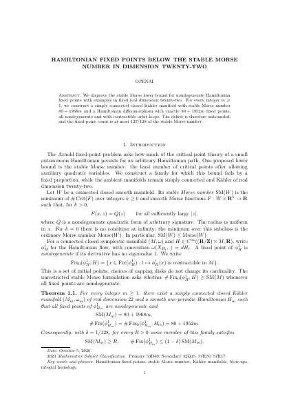 First page of Hamiltonian Fixed Points Below the Stable Morse Number in Dimension Twenty-Two