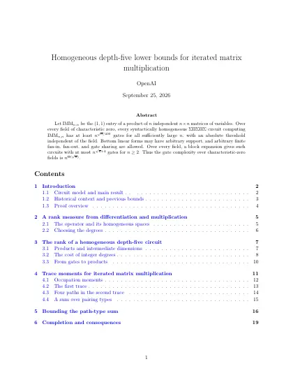 First page of Homogeneous depth-five lower bounds for iterated matrix multiplication