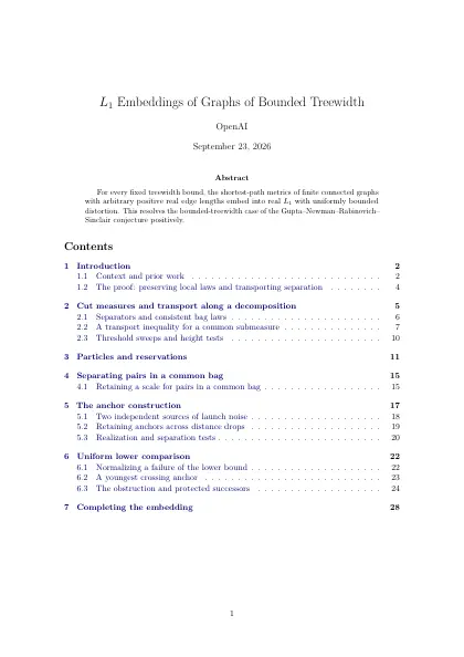 First page of L1 Embeddings of Graphs of Bounded Treewidth