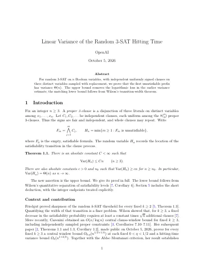 First page of Linear Variance of the Random 3-SAT Hitting Time