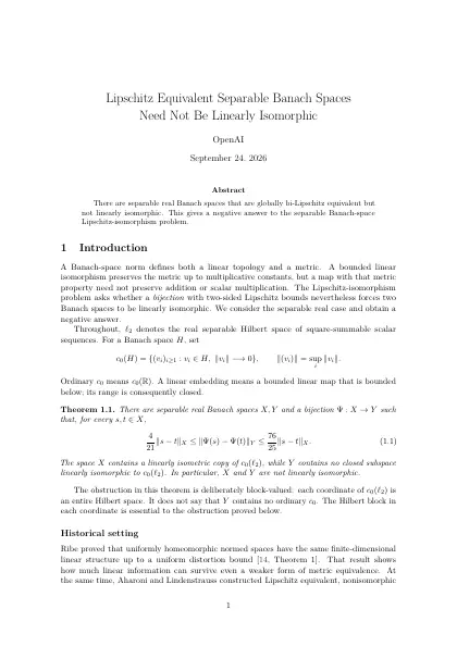 First page of Lipschitz Equivalent Separable Banach Spaces Need Not Be Linearly Isomorphic