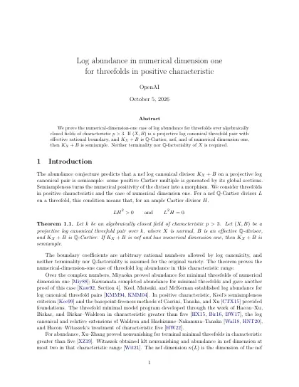 First page of Log abundance in numerical dimension one for threefolds in positive characteristic