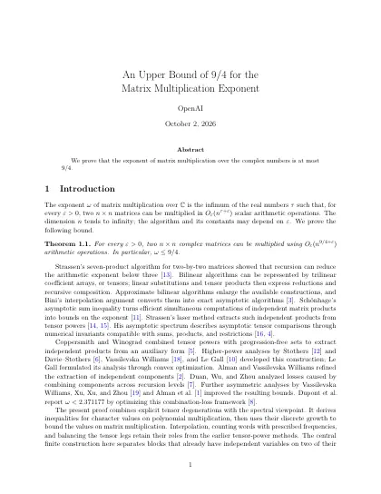 First page of An Upper Bound of 9/4 for the Matrix Multiplication Exponent